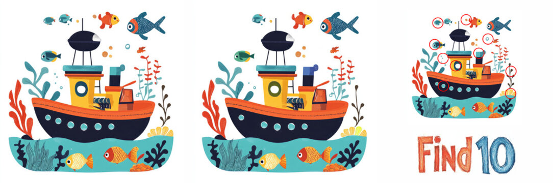Underwater world, boat, ocean, seaweed and fish. Child educational task. Teaching attentiveness. Find 10 differences, flat illustration.
