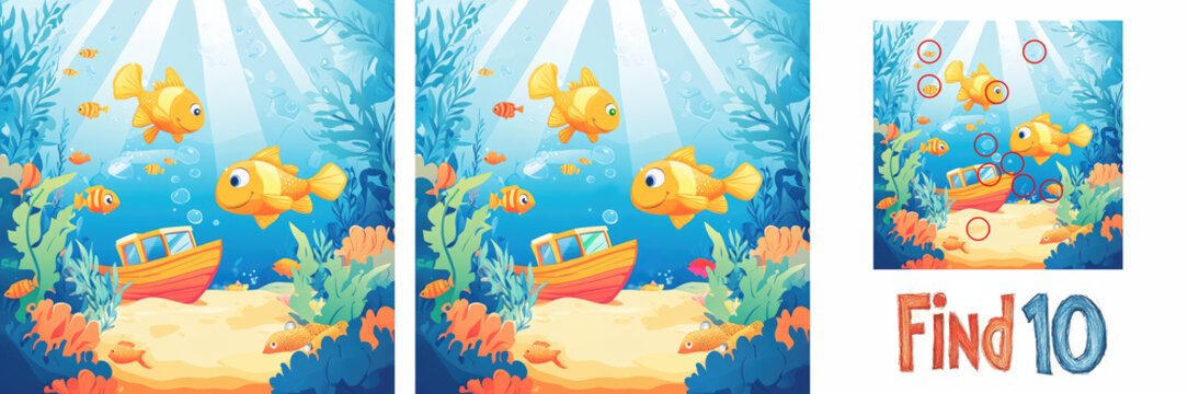 Underwater world, boat, ocean, seaweed and fish. Child educational task. Teaching attentiveness. Find 10 differences, flat illustration.