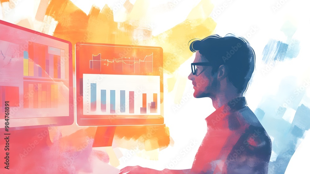Aufkleber businessman analyzing data on computer screen with watercolor effect