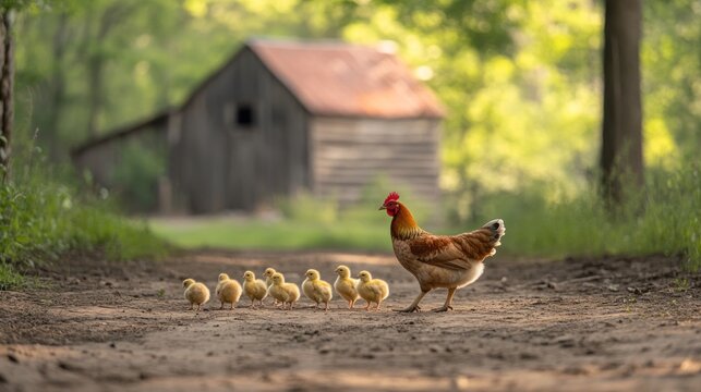 Hen and Chicks on a Rural Path