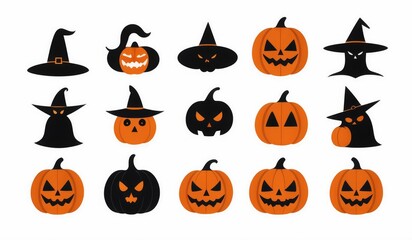 Halloween symbols like a pumpkin, ghost, bat, witch hat, black cat, and spider