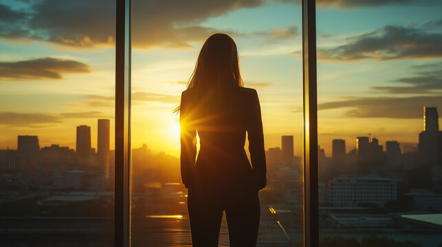 shot from behind, a successful business woman standing against a large window, sunlight making glow in environment, warm sunlight flares, Business
