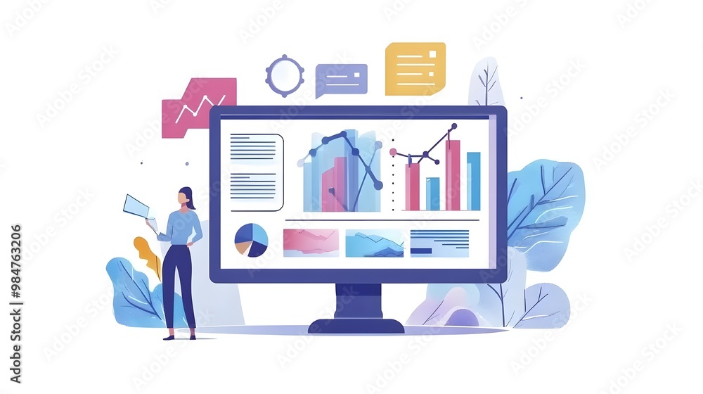 Poster woman analyzing data on computer screen with charts and graphs