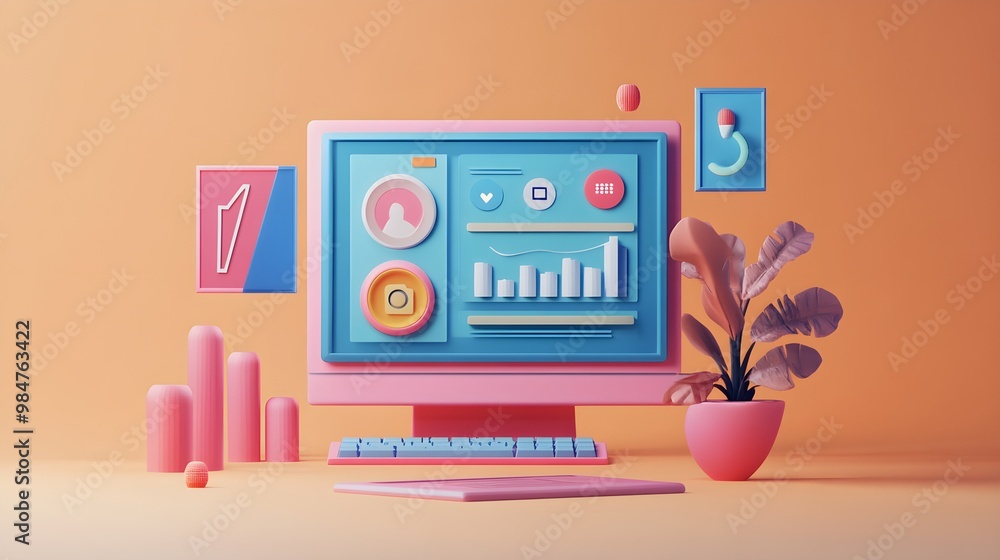 Poster 3D Render of Computer with Data Analytics and Social Media Icons on Screen