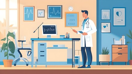 Doctor s Office Interior with Male Doctor Holding a Tablet