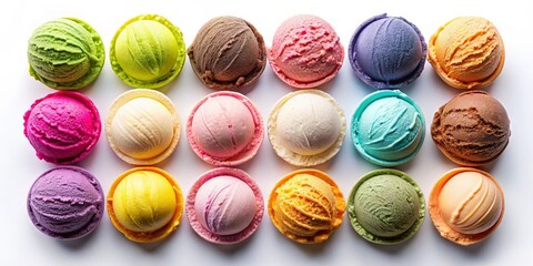 Colorful Ice Cream Scoops Collection in Vibrant Hues on White Background - Delicious Frozen Treats for Food Photography, Advertising, and Social Media Promotion
