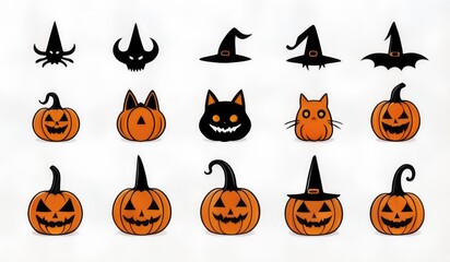 Halloween symbols like a pumpkin, ghost, bat, witch hat, black cat, and spider