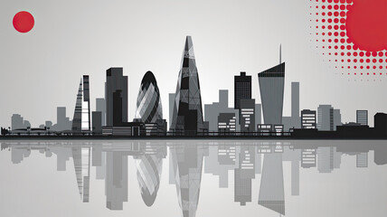 A modern-style graphic design poster of London City, England with a red, white, and blue color scheme. the design features of downtown London skyline.	