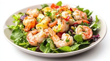 A vibrant seafood salad with mixed greens, shrimp, and crab meat, dressed with a light vinaigrette, displayed on a white background