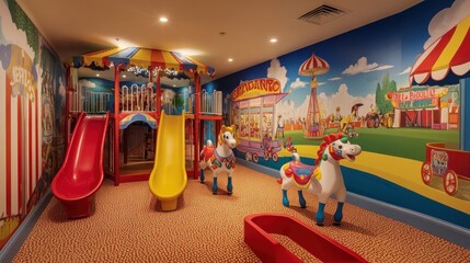 Fototapeta premium Indoor Playground with Carousel Horses and Colorful Mural