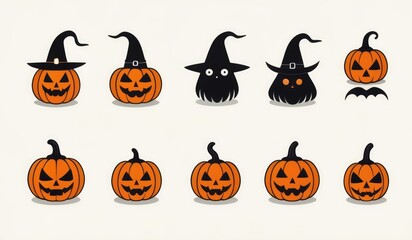 Halloween icons a pumpkin, ghost, bat, witch hat, black cat, and spider