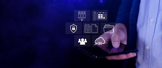 Fototapeta premium Document Management System DMS for document management concept online document database digital file storage systems software, Record keeping database technology File access Sharing documents