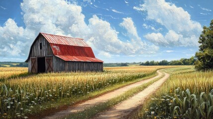 Obraz premium Rural Idyll: A Rustic Barn in a Sun-Kissed Field
