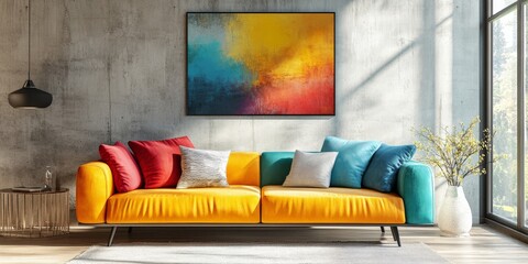 In a minimalist living room, a bold multicolored sofa contrasts with a concrete wall, as soft, warm light from the windows creates an inviting, cozy ambiance that makes the space feel welcoming