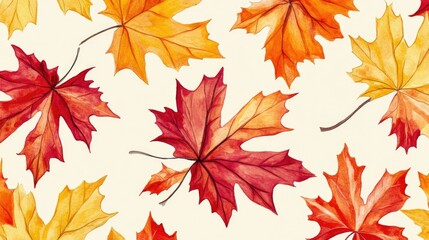 Obraz premium Close-up of a pattern featuring bright fall maple leaves in shades of yellow, red, and orange against a neutral cream background