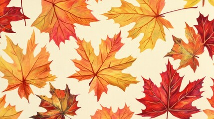 Close-up of a pattern featuring bright fall maple leaves in shades of yellow, red, and orange against a neutral cream background
