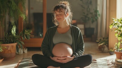 Meditation for pregnancy and birth, a pregnant woman sitting in a serene space, practicing mindfulness for relaxation