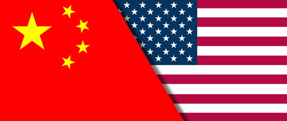 US United States of America VS China national flags, Conflict between countries, deterioration of diplomatic relations. Confliction and crisis concept.
