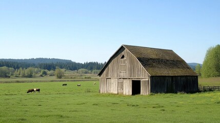 Obraz premium Rustic Barn in a Meadow with Cattle