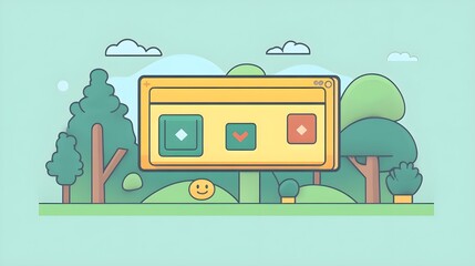 Naklejka premium Cartoon Nature Web Interface with Smiley Face and Buttons