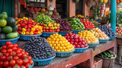 Vibrant Display of Fresh Produce at a Market Stall