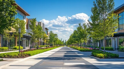 Naklejka premium A wide, modern boulevard with beautifully landscaped medians, contemporary buildings, and neatly trimmed greenery under a bright, sunny sky.