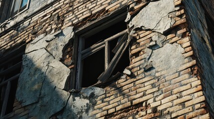 An aged, weathered building showcases a cracked facade and a broken window, exuding a sense of forgotten history.