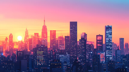 Fototapeta premium City skylines at dawn: close-up of city skylines at dawn, early morning light, and waking cityscape, highlighting the city's peaceful and awakening beauty. City Skyline. Illustration