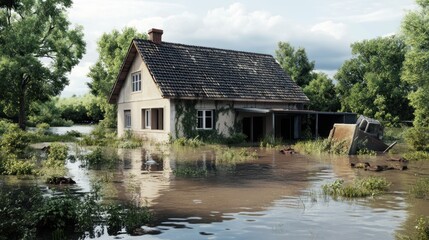 Flooded house surrounded by water and overgrown vegetation, evoking a sense of abandonment and neglect.