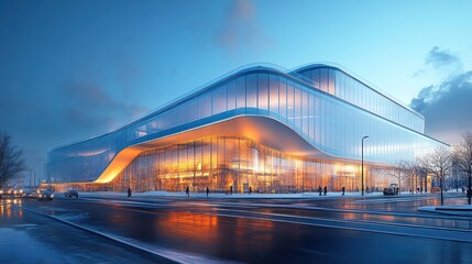 Obraz premium Modern construction building, sleek glass facade, workers using state-of-the-art equipment in a high-tech environment