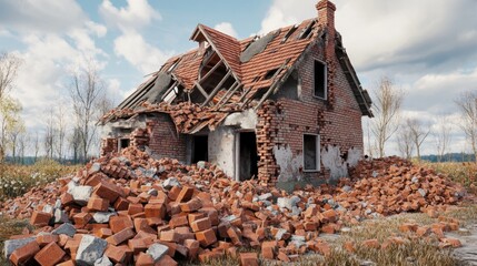 A derelict brick house surrounded by rubble under a bright blue sky.