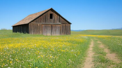 Obraz premium Rustic Barn in a Field of Wildflowers