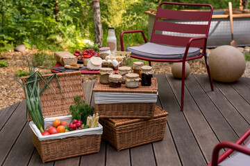 Homemade food and fresh vegetables on terrace