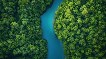 Naklejka premium Aerial View of a River Winding Through a Lush Forest