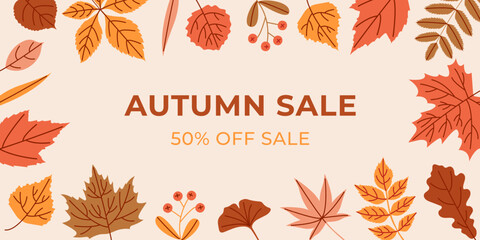 Autumn hand drawn rectangular sale banner with colorful foliage on a light background. Fall banner, backdrop, poster, greeting card, brochure or leaflet. Background for text.