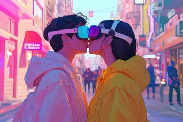 Obraz premium Couple Kissing with VR Glasses in Modern Urban Street Scene Concept for Futuristic Romance