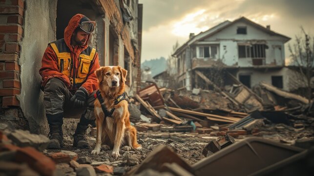 A male rescue worker sits beside a golden retriever in a devastated urban area, highlighting their bond in challenging times.