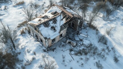 Aerial view of a dilapidated wooden house in a snowy landscape, evoking a sense of abandonment and desolation.
