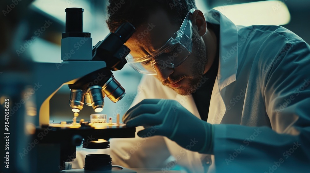 Poster scientist working with a microscope