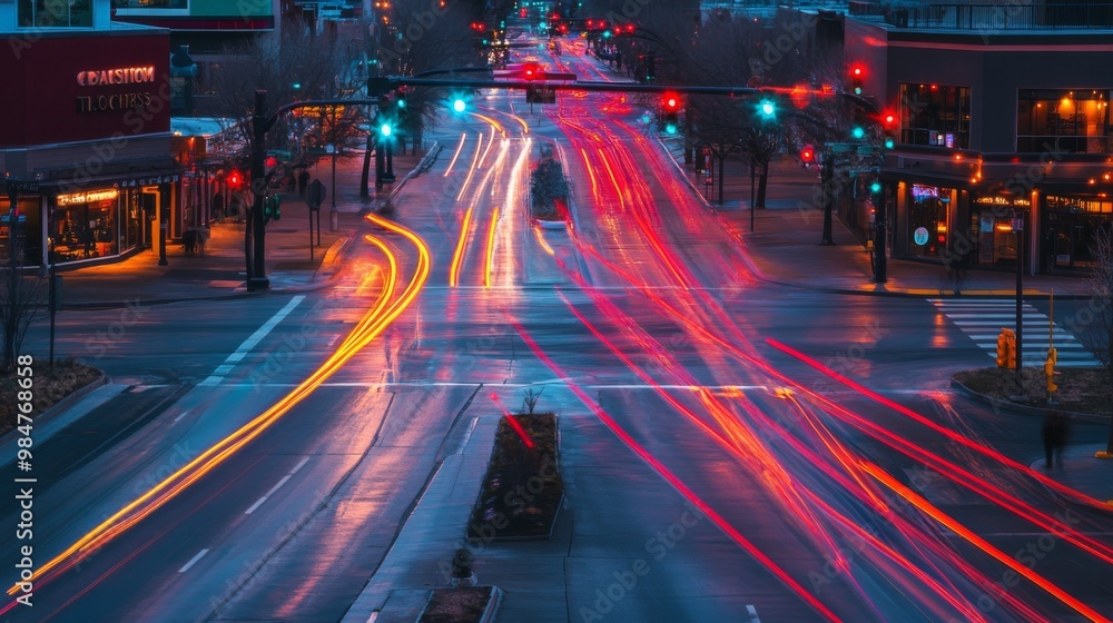 Poster a wide shot of an intersection with multiple traffic lights, including both vehicular and pedestrian