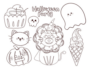 coloring page cartoon halloween sticker set. cute sticker and doodle for coloring book