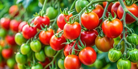Freshness Unveiled Luscious Ripe Red Tomatoes on Vibrant Vine in Serene Green Background - Organic Harvest Concept for Food Blogs and Farm-fresh Promotions