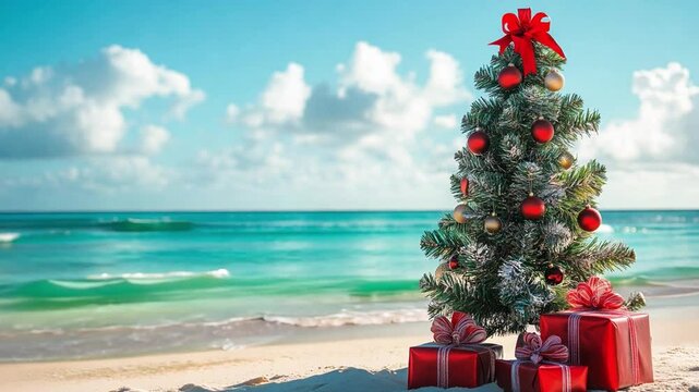 A festive Christmas tree adorned with ornaments stands on the sandy beach next to bright red gifts under a clear blue sky