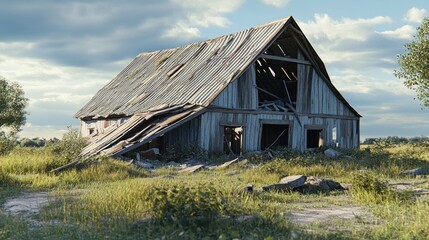 Obraz premium An aged wooden barn in a rural landscape, showcasing its rustic charm amidst overgrown grass and trees.