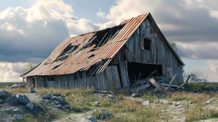 A dilapidated wooden barn with a rusty roof, surrounded by overgrown grass and rocky terrain under a cloudy sky.