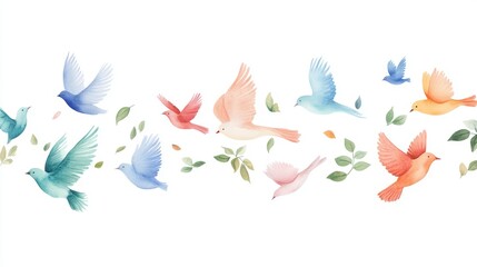Obraz premium A vibrant watercolor illustration of various birds flying gracefully among soft leaves, evoking serenity and freedom.