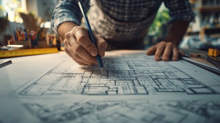 A focused male architect sketching building plans with precision in a well-lit workspace.