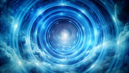 A mesmerizing blue vortex of light and clouds, evoking a sense of infinity and serenity in a cosmic atmosphere.