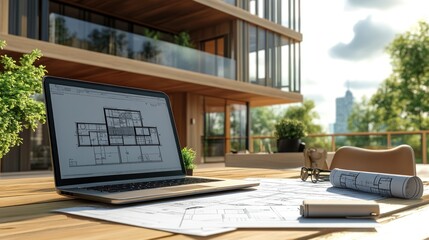 A modern workspace with architectural blueprints on a wooden table, featuring a laptop, glasses, and a rolled-up plan.