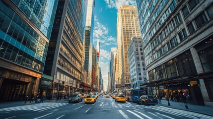 A wide-angle view of a busy city street with tall buildings on either side, capturing the energy and scale of the urban environment.
